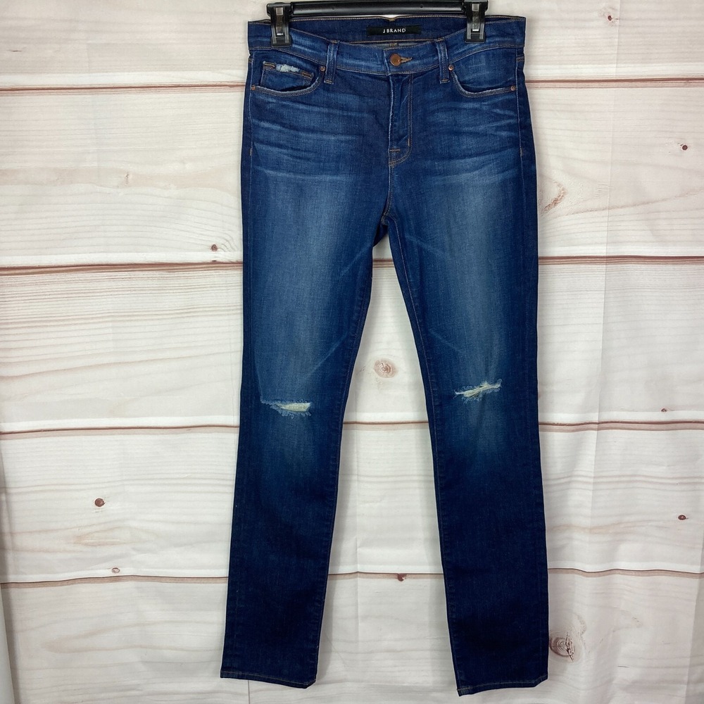 J Brand Jeans Women 28 Blue Alta Straight Leg Dark Wash Distressed Denim Stretch